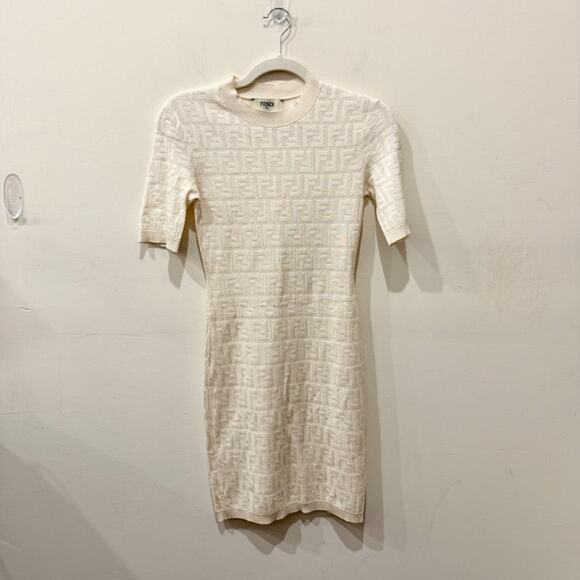 Fendi FF-Jacquard Short Sleeve Knit T-Shirt Mini Dress Cream Womens 42 IT / US 6 - Picture 1 of 7